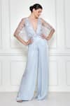 Buy Dilnaz Grey Net Embroidery Thread Plunge V Neck Draped Kaftan With Jumpsuit at Aza Fashions Buy_Dilnaz_Grey Net Embroidery Thread Plunge V Neck Draped Kaftan With Jumpsuit _at_Aza_Fashions