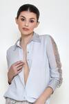 Buy_DILNAZ_Grey Georgette Embroidery Thread Spread Collar Sleeve Shirt  _at_Aza_Fashions