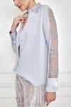 DILNAZ_Grey Georgette Embroidery Thread Spread Collar Sleeve Shirt  _Online_at_Aza_Fashions