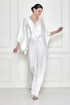 Buy_DILNAZ_White Cotton Satin Embroidery Pearl V Neck Kaftan With Jumpsuit  _at_Aza_Fashions