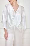 DILNAZ_White Cotton Satin Embroidery Pearl V Neck Kaftan With Jumpsuit  _Online_at_Aza_Fashions