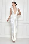 Buy_Dilnaz_White Satin Embroidery V-neck Shoulder Draped Gown_Online_at_Aza_Fashions