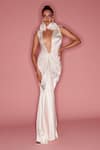 Shop_Dilnaz_White Satin Embroidery V-neck Shoulder Draped Gown_Online_at_Aza_Fashions