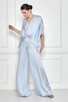 Buy_Dilnaz_Grey Cotton Satin Pearls V-neck Ruched Kaftan With Jumpsuit _at_Aza_Fashions