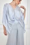 Dilnaz_Grey Cotton Satin Pearls V-neck Ruched Kaftan With Jumpsuit _Online_at_Aza_Fashions