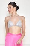 Buy_DILNAZ_Grey Polyester Satin Embroidered Sequin Pearl Embellished Bikini Top  _at_Aza_Fashions