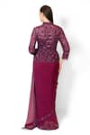 Shop_Rabani & Rakha_Wine Chiffon, Net Sequins, Cut Pre-draped Saree With Floral Embroidered Jacket _at_Aza_Fashions
