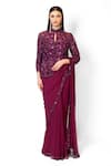 Rabani & Rakha_Wine Chiffon, Net Sequins, Cut Pre-draped Saree With Floral Embroidered Jacket _Online_at_Aza_Fashions