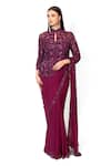 Buy_Rabani & Rakha_Wine Chiffon, Net Sequins, Cut Pre-draped Saree With Floral Embroidered Jacket _Online_at_Aza_Fashions