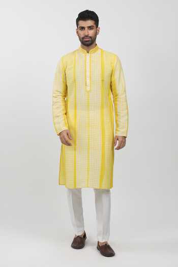 Buy_Krishna Mehta_Yellow Tussar, Cotton Geometric Block Print Kurta Set _at_Aza_Fashions