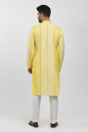 Krishna Mehta_Yellow Tussar, Cotton Geometric Block Print Kurta Set _Online_at_Aza_Fashions