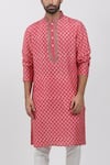 Shop_Krishna Mehta_Pink Tussar, Cotton Zari, Embroidery Floral Block Print Kurta Set _at_Aza_Fashions
