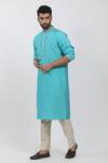 Buy_Krishna Mehta_Blue Tussar Zari, Embroidery Leaf Block Print Kurta Set _at_Aza_Fashions