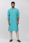 Buy_Krishna Mehta_Blue Tussar Zari, Embroidery Leaf Block Print Kurta Set _Online_at_Aza_Fashions