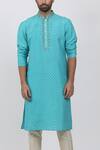 Shop_Krishna Mehta_Blue Tussar Zari, Embroidery Leaf Block Print Kurta Set _at_Aza_Fashions