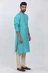 Shop_Krishna Mehta_Blue Tussar Zari, Embroidery Leaf Block Print Kurta Set _Online_at_Aza_Fashions