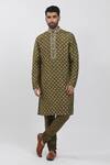Buy_Krishna Mehta_Green Tussar Embroidery Florette Hand Block Print Kurta Set _at_Aza_Fashions