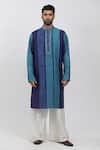 Buy_Krishna Mehta_Blue Tussar Printed And Hand Embroidered Block & Checkered Kurta Set _at_Aza_Fashions