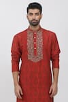 Shop Krishna Mehta Red Tussar Embroidery, Sequins Flower Hand Block Print Kurta Set at Aza Fashions Shop_Krishna Mehta_Red Tussar Embroidery, Sequins Flower Hand Block Print Kurta Set _at_Aza_Fashions