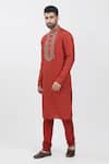Buy Krishna Mehta Red Tussar Embroidery, Sequins Flower Hand Block Print Kurta Set Online at Aza Fashions Buy_Krishna Mehta_Red Tussar Embroidery, Sequins Flower Hand Block Print Kurta Set _Online_at_Aza_Fashions