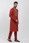 Shop Krishna Mehta Red Tussar Embroidery, Sequins Flower Hand Block Print Kurta Set Online at Aza Fashions Shop_Krishna Mehta_Red Tussar Embroidery, Sequins Flower Hand Block Print Kurta Set _Online_at_Aza_Fashions