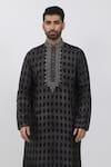 Shop_Krishna Mehta_Black Tussar Hand Block Printed Bandhani Kurta Set _at_Aza_Fashions