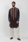 Buy_Krishna Mehta_Blue Tussar Hand Block Printed Leaf Colorblock Kurta _at_Aza_Fashions
