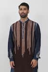 Shop_Krishna Mehta_Blue Tussar Hand Block Printed Leaf Colorblock Kurta _at_Aza_Fashions