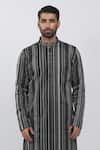 Shop_Krishna Mehta_Black Cotton, Viscose Embroidery Textured Stripe Kurta Set _at_Aza_Fashions