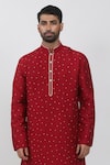 Shop_Krishna Mehta_Red Tussar Embroidery Polka Dots Pattern Kurta Set _at_Aza_Fashions