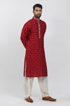 Shop_Krishna Mehta_Red Tussar Embroidery Polka Dots Pattern Kurta Set _Online_at_Aza_Fashions