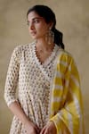 VARUN CHHABRA_Yellow Anarkali Cambric Cotton Hand Block Printed Floral V Neck Angrakha Set_Online_at_Aza_Fashions