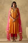 Buy_VARUN CHHABRA_Orange Anarkali And Palazzo Chanderi Silk Lined With Mul Cotton Mirror Set_at_Aza_Fashions