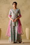 Buy_VARUN CHHABRA_Blue Chanderi Silk Printed And Hand Embroidered Floral Kurta Sharara Set _at_Aza_Fashions