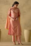 Buy_VARUN CHHABRA_Pink Chanderi Silk Printed Stripe V Neck Kurta Palazzo Set _at_Aza_Fashions