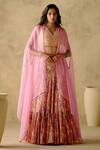 Buy_VARUN CHHABRA_Pink Cape Organza Printed And Hand Chanderi Silk Tiered Lehenga Set _at_Aza_Fashions