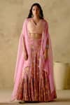 Buy_VARUN CHHABRA_Pink Cape Organza Printed And Hand Chanderi Silk Tiered Lehenga Set _Online_at_Aza_Fashions