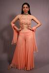 Buy_HOUSE OF TA-YA_Peach Georgette Embroidered Gota Sweetheart Neck Cropped Top And Sharara Set _at_Aza_Fashions