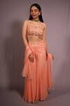 Shop_HOUSE OF TA-YA_Peach Georgette Embroidered Gota Sweetheart Neck Cropped Top And Sharara Set _Online_at_Aza_Fashions