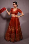 Shop_HOUSE OF TA-YA_Red Raw Silk Printed Digital V Neck Lehenga Set _at_Aza_Fashions