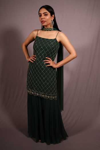 Buy_House Of Ta-Ya_Green Georgette Zari, Embroidery Square Neck Zardosi Kurta Sharara Set _at_Aza_Fashions