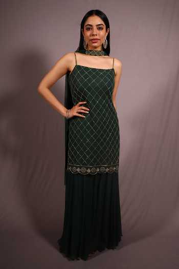 Shop_House Of Ta-Ya_Green Georgette Zari, Embroidery Square Neck Zardosi Kurta Sharara Set _at_Aza_Fashions