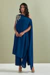 Buy_Priya Chaudhary_Blue Embroidery Cutdana Asymmetric One Shoulder Placement Kurta And Pant Set _at_Aza_Fashions