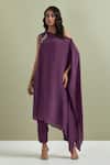Buy_Priya Chaudhary_Purple Crepe Cut One Shoulder Floral Placement Embroidered Kurta And Panr Set _at_Aza_Fashions