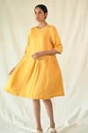 Buy_Til_Yellow Cotton Satin Embroidery Round Neck Amber Stripe Hand Painted Dress _at_Aza_Fashions