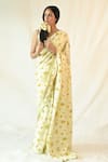 Buy_TIL_Off White Cotton Silk Satin Hand Painted Floral V Neck Buta Saree With Blouse _at_Aza_Fashions