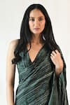 Buy_TIL_Emerald Green Cotton Silk Satin Hand Painted Stripe V Neck Saree With Blouse _Online_at_Aza_Fashions