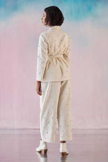 Shop_Ilk_Off White Chanderi Embroidery, Foil Printing Foam Heart Jacket With Pant _at_Aza_Fashions