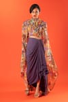 Buy_Pds By Sneha_Multi Color Lycra Print Abstract High Neck Cape Top With Skirt  _Online_at_Aza_Fashions