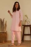 Shrutkirti_Pink Pure Cotton Embroidery Floral Plunge V Neck Kurta Set _Online_at_Aza_Fashions